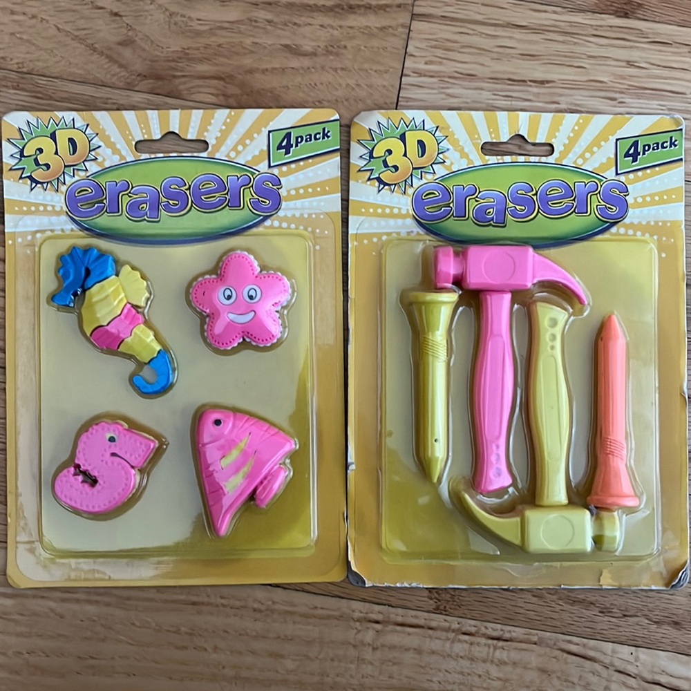 3D Erasers 4 pack hammer nails seahorse fish school fun gift rewards party favor